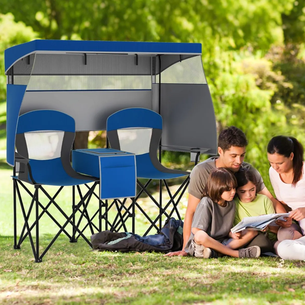 Campingstuhl mit Verstellbarem Sonnenschutz Klappstuhl mit Kühltasche & Becherhalter Marineblau