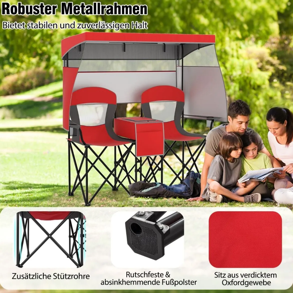 Campingstuhl mit Verstellbarem Sonnenschutz Klappstuhl mit Kühltasche & Becherhalter Rot