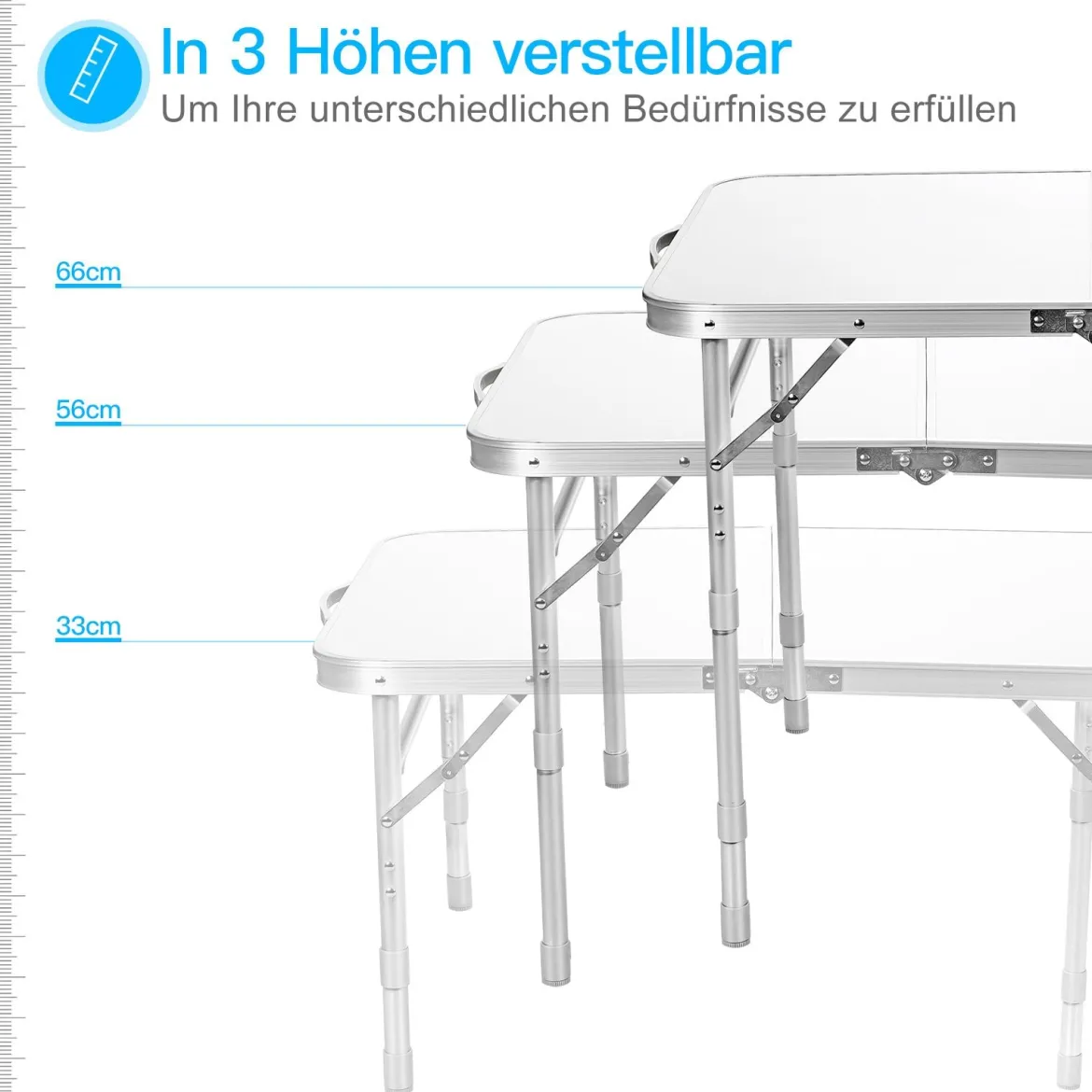 Campingtisch Falttisch Aluminium-Klapptisch mit 3 einstellbaren Positionen Weiß