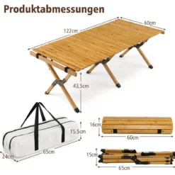 Campingtisch Klappbarer Picknicktisch mit Tragetasche Aufrollbarer Bambustisch 122 x 60 x 43,5 cm Natur