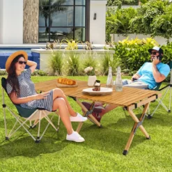 Campingtisch Klappbarer Picknicktisch mit Tragetasche Aufrollbarer Bambustisch 122 x 60 x 43,5 cm Natur