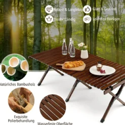 Campingtisch Klappbarer Picknicktisch mit Tragetasche Aufrollbarer Bambustisch 122 x 60 x 43,5 cm Kaffee