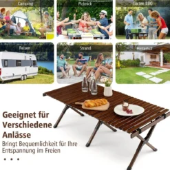 Campingtisch Klappbarer Picknicktisch mit Tragetasche Aufrollbarer Bambustisch 122 x 60 x 43,5 cm Kaffee