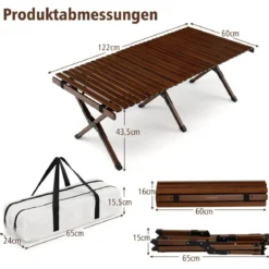 Campingtisch Klappbarer Picknicktisch mit Tragetasche Aufrollbarer Bambustisch 122 x 60 x 43,5 cm Kaffee