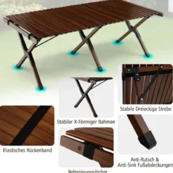 Campingtisch Klappbarer Picknicktisch mit Tragetasche Aufrollbarer Bambustisch 122 x 60 x 43,5 cm Kaffee