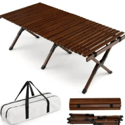 Campingtisch Klappbarer Picknicktisch mit Tragetasche Aufrollbarer Bambustisch 122 x 60 x 43,5 cm Kaffee