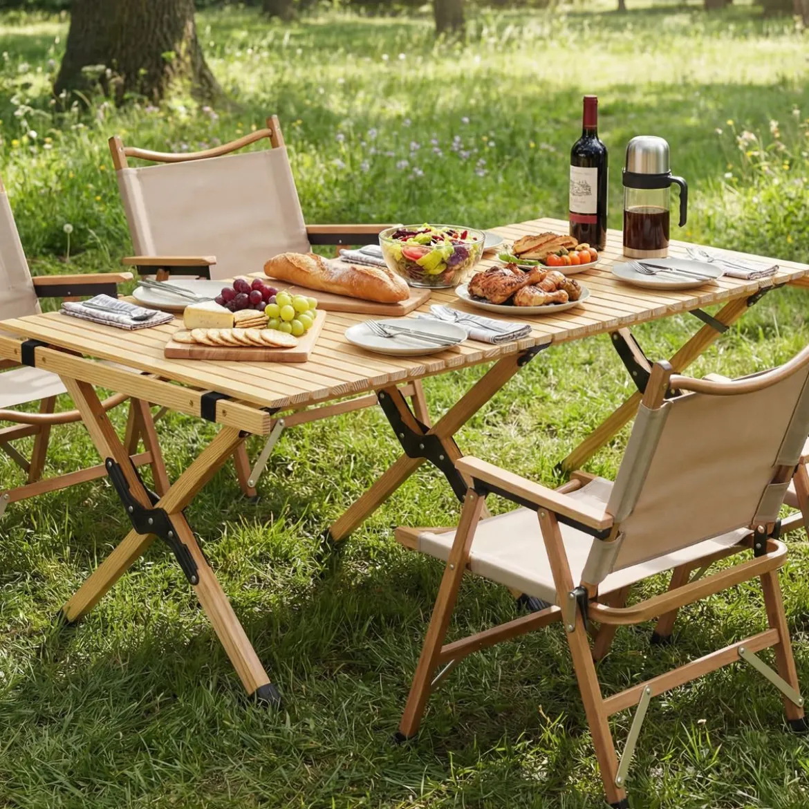 Campingtisch Klappbar Picknicktisch aus Holz mit Aufrollbarer Tischplatte Tragbarer Klapptisch Kaffee/Natur