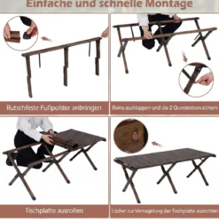 Campingtisch Klappbar Picknicktisch aus Holz mit Aufrollbarer Tischplatte Tragbarer Klapptisch Kaffee/Natur