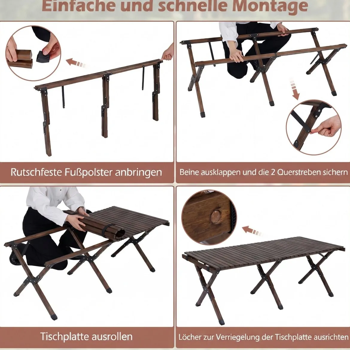 Campingtisch Klappbar Picknicktisch aus Holz mit Aufrollbarer Tischplatte Tragbarer Klapptisch Kaffee/Natur