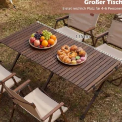 Campingtisch Klappbar Picknicktisch aus Holz mit Aufrollbarer Tischplatte Tragbarer Klapptisch Kaffee/Natur