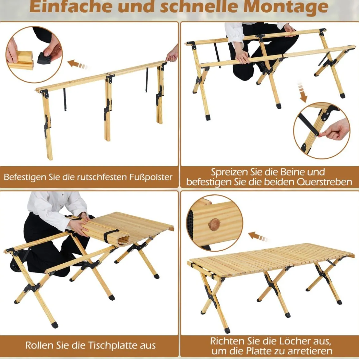 Campingtisch Klappbar Picknicktisch aus Holz mit Aufrollbarer Tischplatte Tragbarer Klapptisch Kaffee/Natur