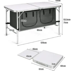 Campingtisch mit großem Stauraum Reiseküche Klapptisch aus Alu Gartentisch Picknicktisch Campingschrank Höhenverstellbar von 53-70cm Weiß+Grau