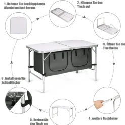 Campingtisch mit großem Stauraum Reiseküche Klapptisch aus Alu Gartentisch Picknicktisch Campingschrank Höhenverstellbar von 53-70cm Weiß+Grau