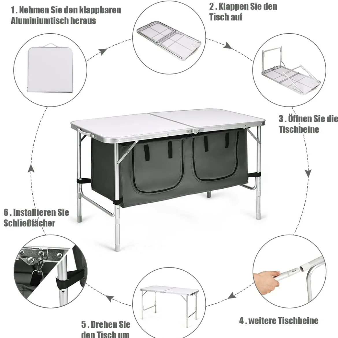 Campingtisch mit großem Stauraum Reiseküche Klapptisch aus Alu Gartentisch Picknicktisch Campingschrank Höhenverstellbar von 53-70cm Weiß+Grau