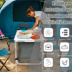 Campingtisch mit großem Stauraum Reiseküche Klapptisch aus Alu Gartentisch Picknicktisch Campingschrank Höhenverstellbar von 53-70cm Weiß+Grau