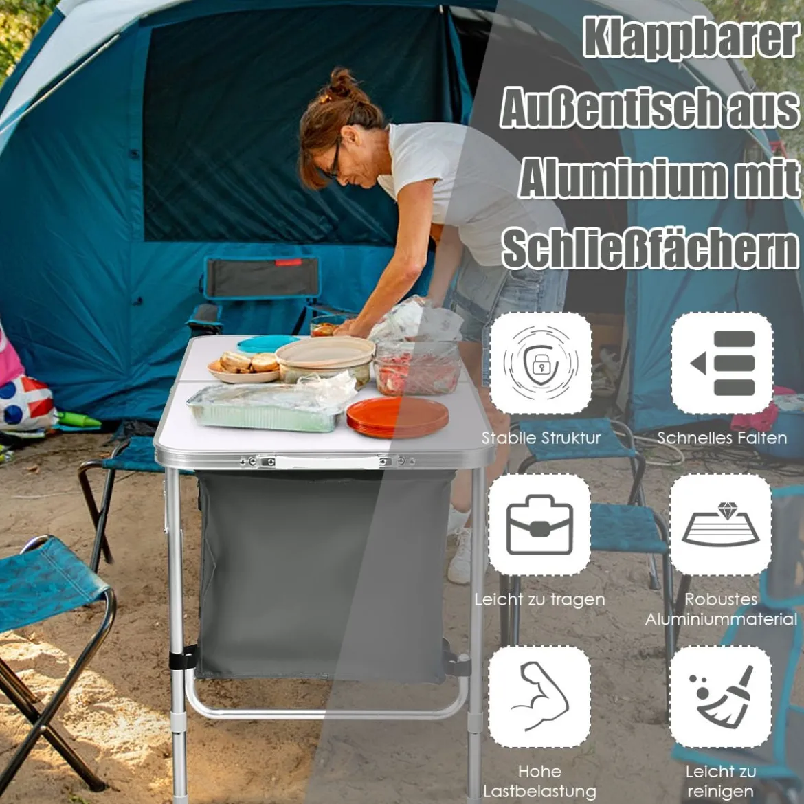 Campingtisch mit großem Stauraum Reiseküche Klapptisch aus Alu Gartentisch Picknicktisch Campingschrank Höhenverstellbar von 53-70cm Weiß+Grau