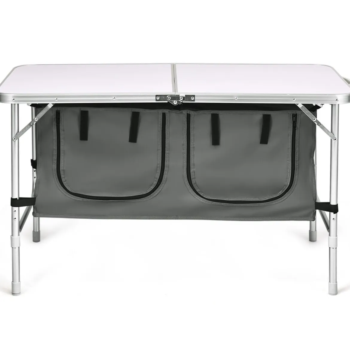 Campingtisch mit großem Stauraum Reiseküche Klapptisch aus Alu Gartentisch Picknicktisch Campingschrank Höhenverstellbar von 53-70cm Weiß+Grau