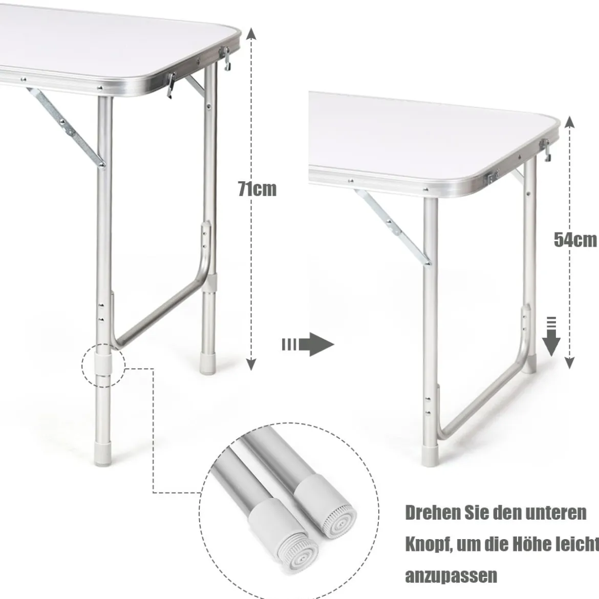 Campingtisch mit großem Stauraum Reiseküche Klapptisch aus Alu Gartentisch Picknicktisch Campingschrank Höhenverstellbar von 53-70cm Weiß+Grau