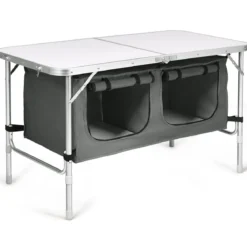 Campingtisch mit großem Stauraum Reiseküche Klapptisch aus Alu Gartentisch Picknicktisch Campingschrank Höhenverstellbar von 53-70cm Weiß+Grau