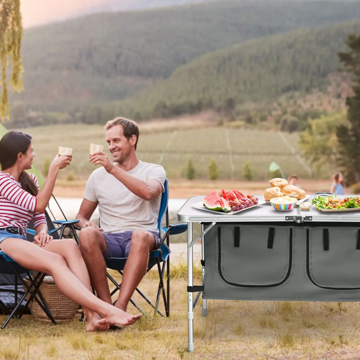 Campingtisch mit großem Stauraum Reiseküche Klapptisch aus Alu Gartentisch Picknicktisch Campingschrank Höhenverstellbar von 53-70cm Weiß+Grau
