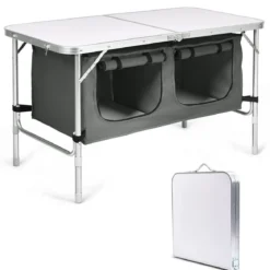 Campingtisch mit großem Stauraum Reiseküche Klapptisch aus Alu Gartentisch Picknicktisch Campingschrank Höhenverstellbar von 53-70cm Weiß+Grau
