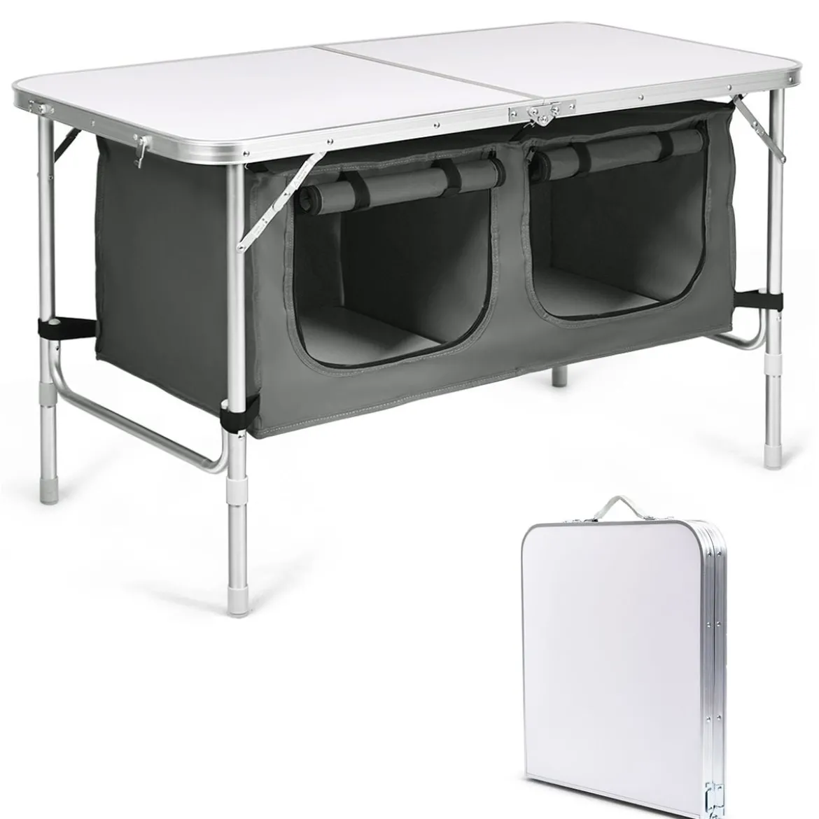 Campingtisch mit großem Stauraum Reiseküche Klapptisch aus Alu Gartentisch Picknicktisch Campingschrank Höhenverstellbar von 53-70cm Weiß+Grau