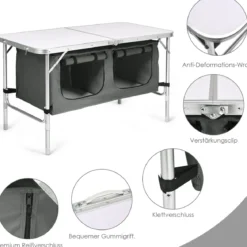 Campingtisch mit großem Stauraum Reiseküche Klapptisch aus Alu Gartentisch Picknicktisch Campingschrank Höhenverstellbar von 53-70cm Weiß+Grau