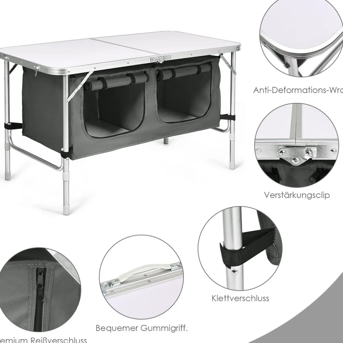 Campingtisch mit großem Stauraum Reiseküche Klapptisch aus Alu Gartentisch Picknicktisch Campingschrank Höhenverstellbar von 53-70cm Weiß+Grau
