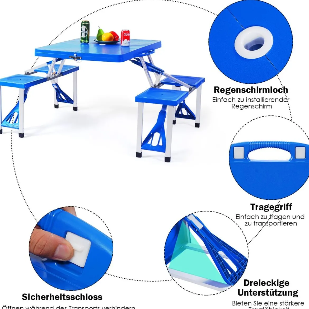 Campingtisch mit 4 Stühlen Falttisch Gartentisch klappbare Sitzgruppe Camping Klappgarnitur 137x84x66cm Blau