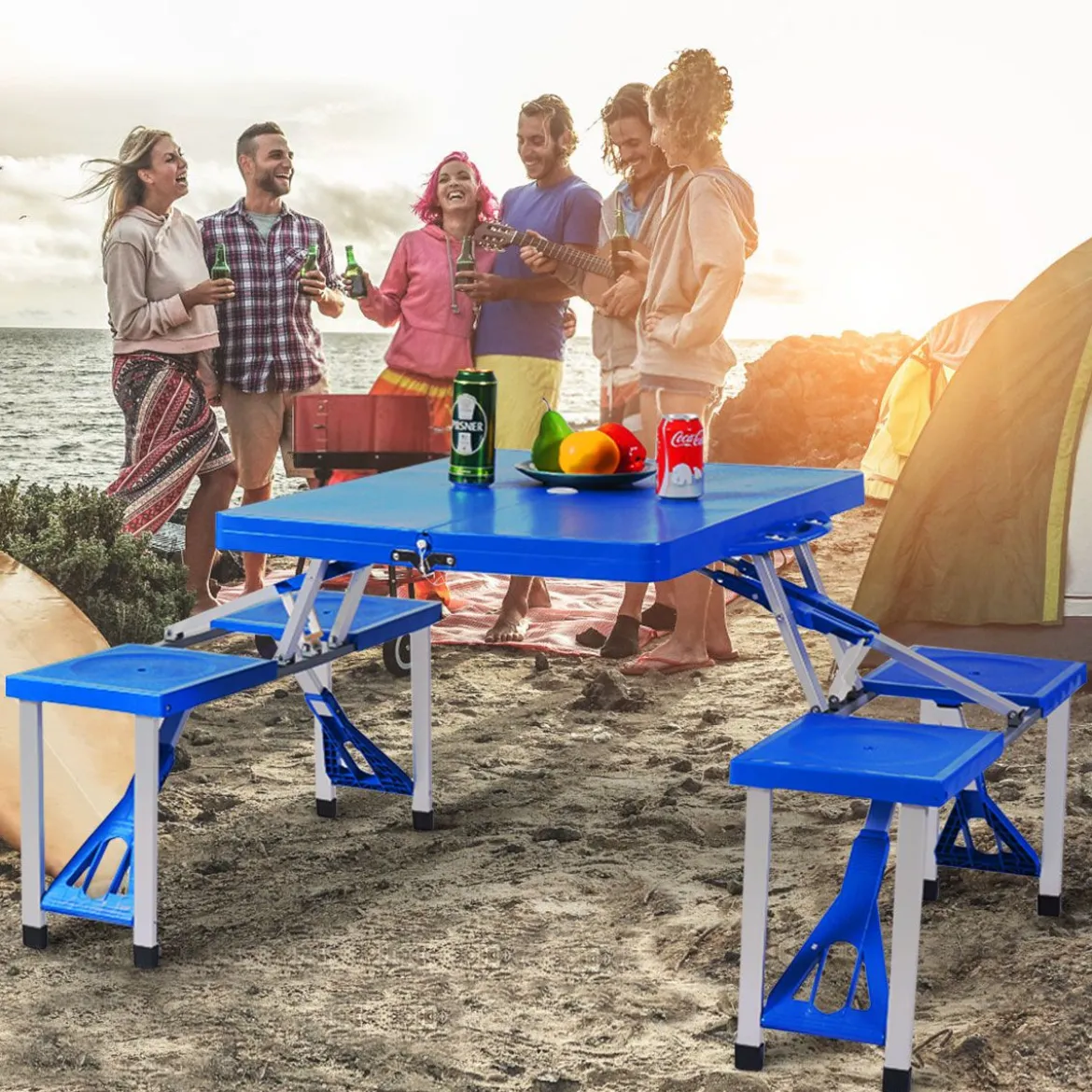 Campingtisch mit 4 Stühlen Falttisch Gartentisch klappbare Sitzgruppe Camping Klappgarnitur 137x84x66cm Blau