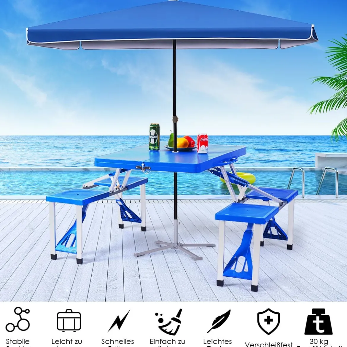 Campingtisch mit 4 Stühlen Falttisch Gartentisch klappbare Sitzgruppe Camping Klappgarnitur 137x84x66cm Blau