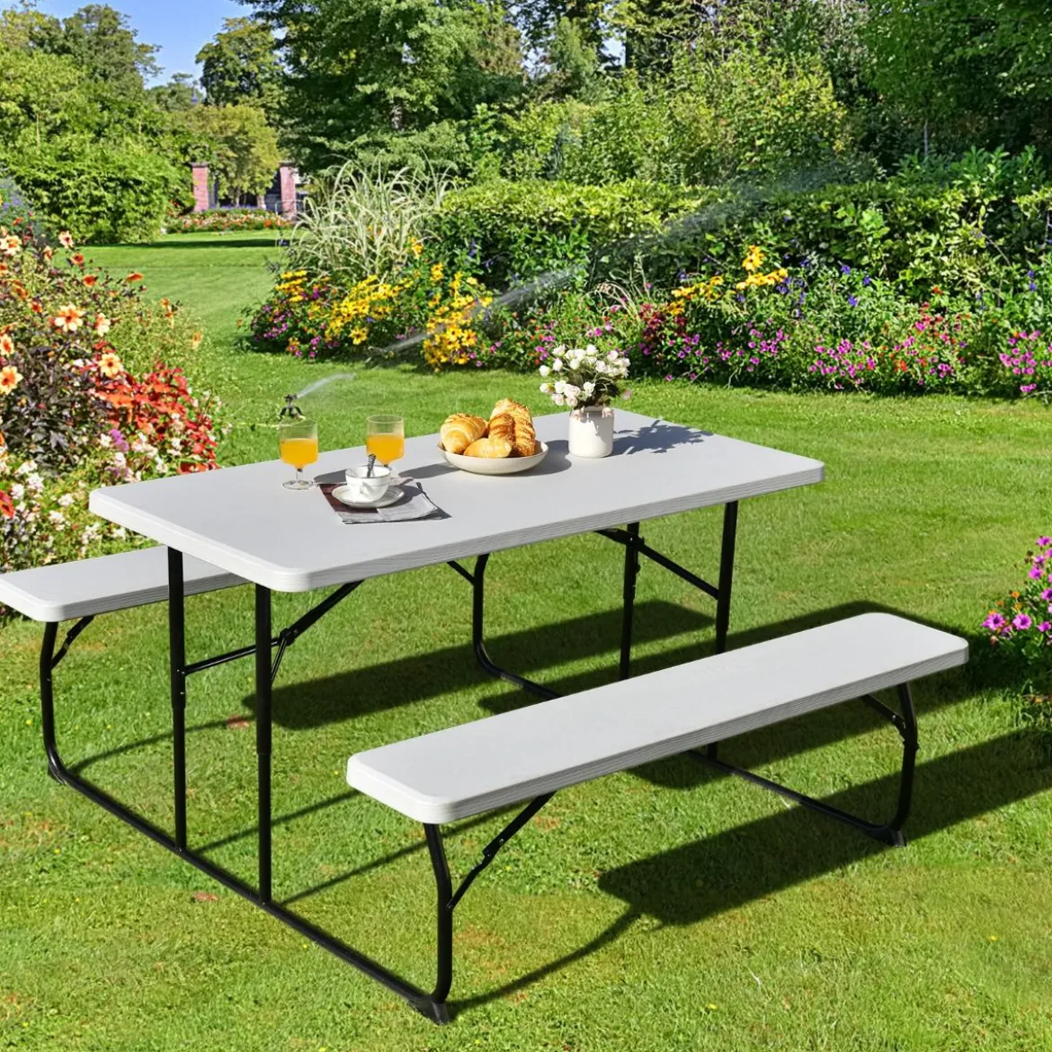 Campingtisch-Set Klappbarer Picknicktisch mit Bänken Weiß