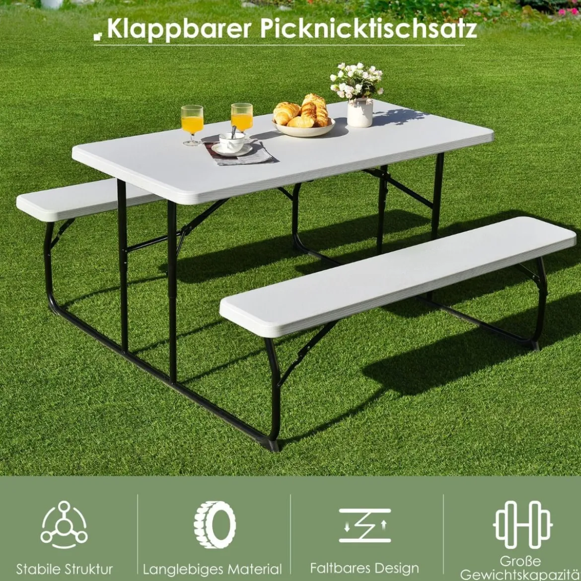 Campingtisch-Set Klappbarer Picknicktisch mit Bänken Weiß