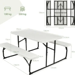 Campingtisch-Set Klappbarer Picknicktisch mit Bänken Weiß