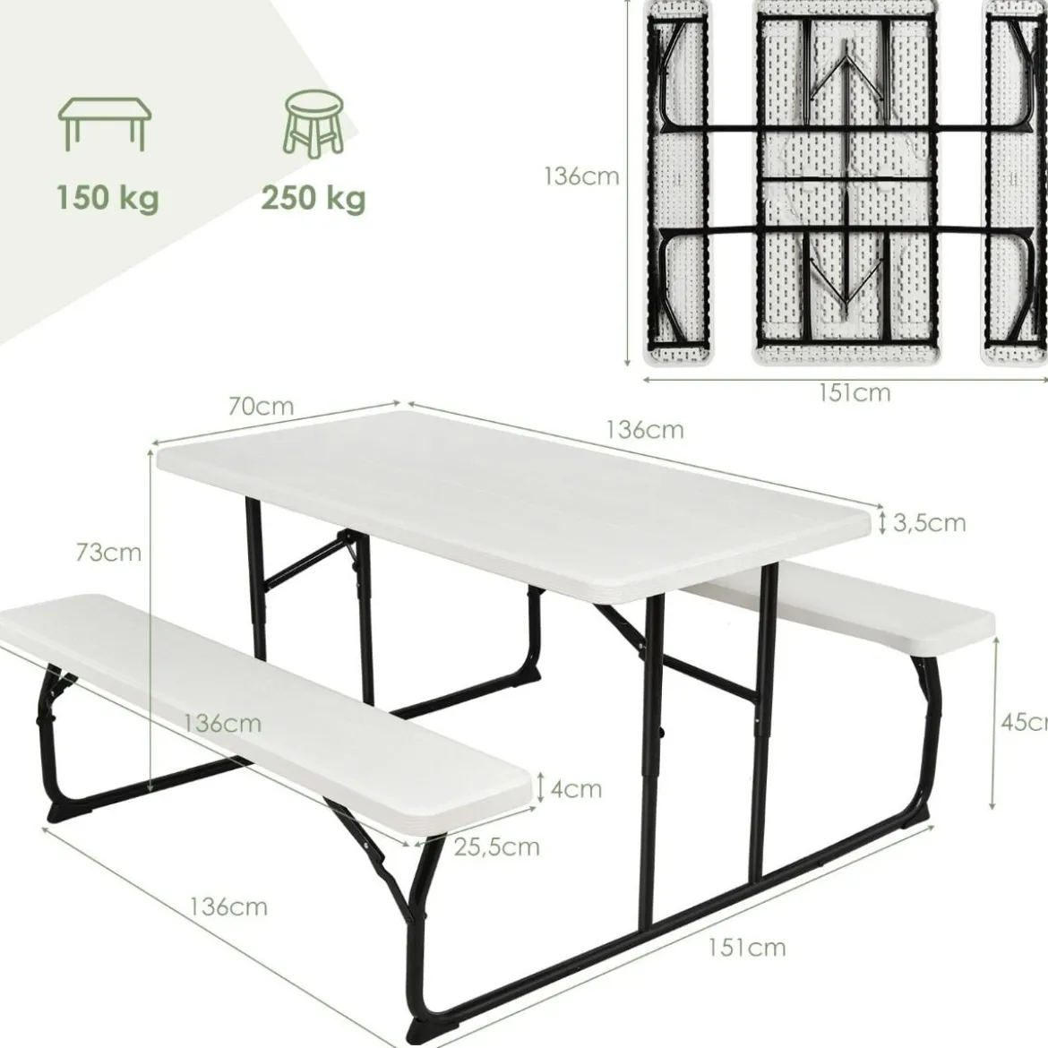 Campingtisch-Set Klappbarer Picknicktisch mit Bänken Weiß