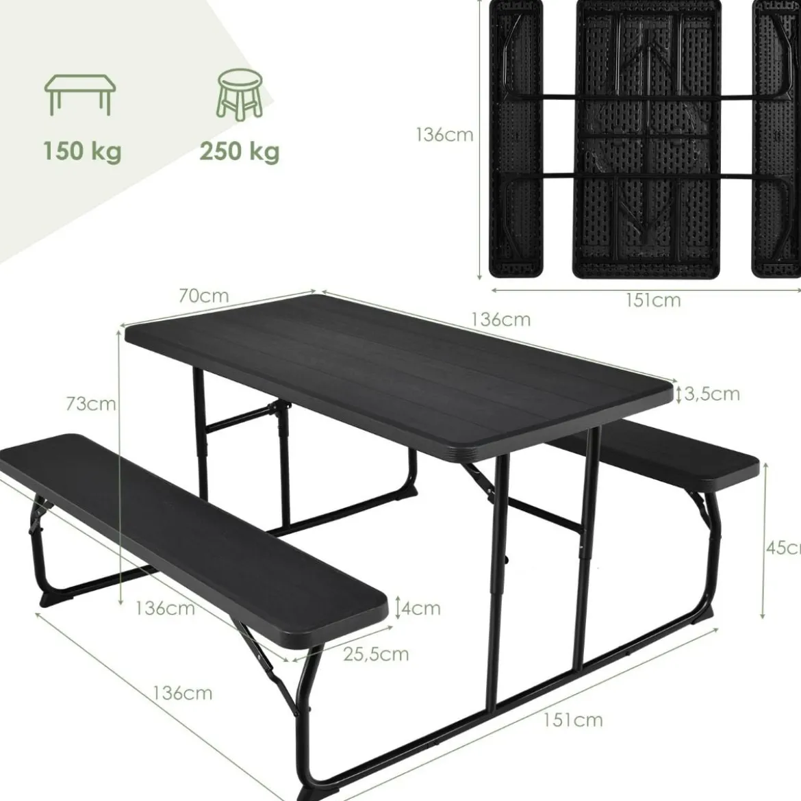 Campingtisch-Set Klappbarer Picknicktisch mit Bänken Schwarz