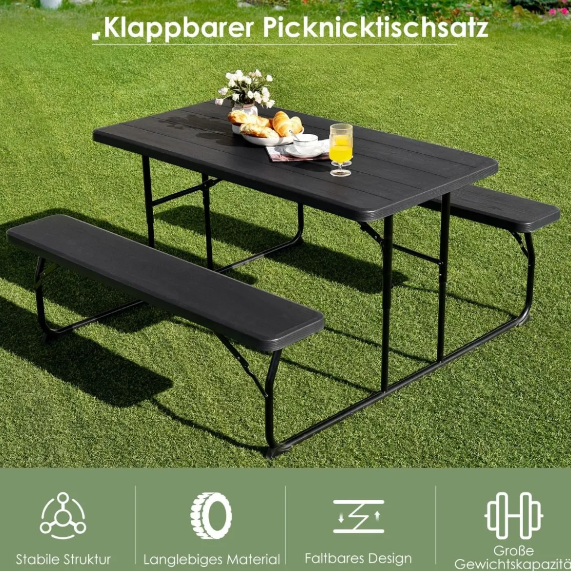 Campingtisch-Set Klappbarer Picknicktisch mit Bänken Schwarz