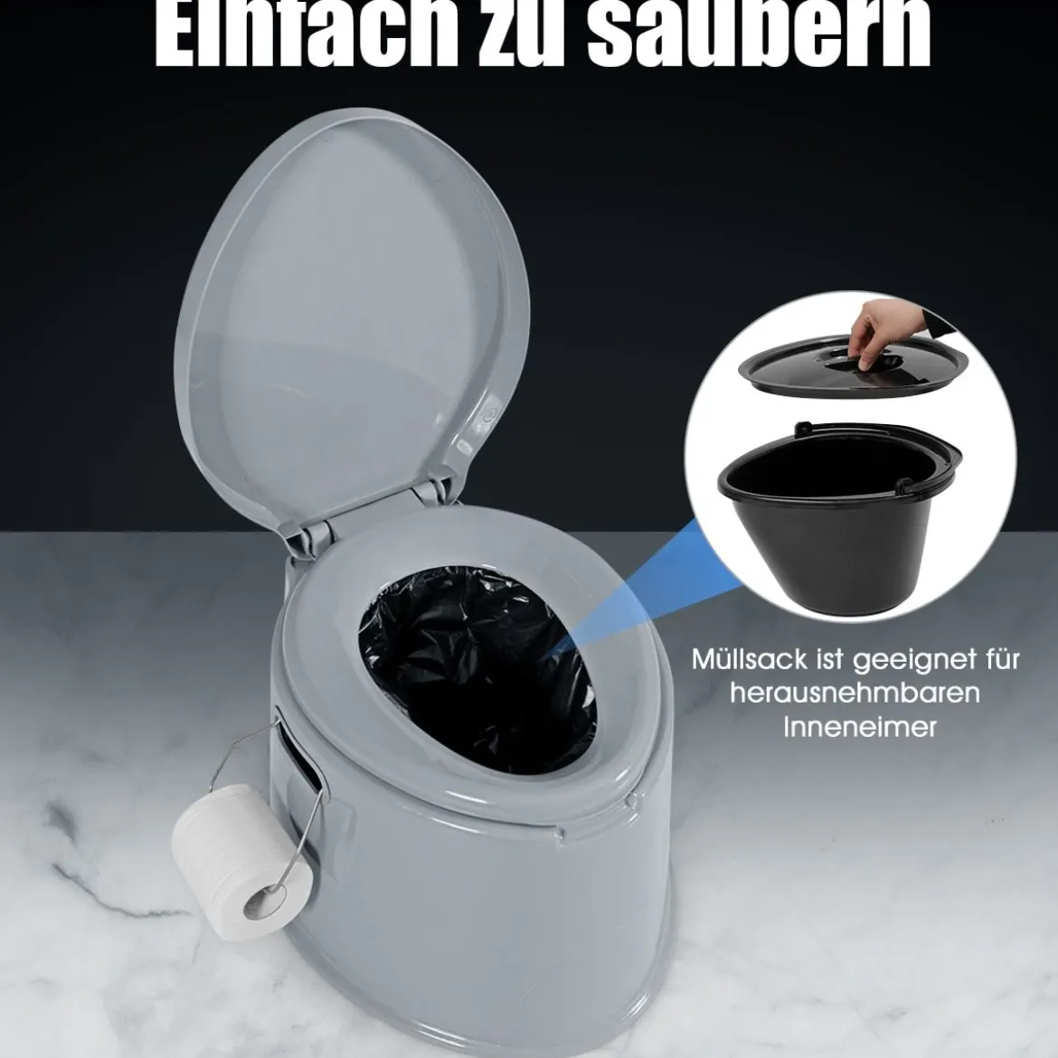 Campingtoilette tragbar Reisetoilette Mobile Toilette mit Abnehmbarem Eimereinsatz Grau
