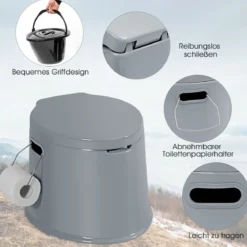 Campingtoilette tragbar Reisetoilette Mobile Toilette mit Abnehmbarem Eimereinsatz Grau
