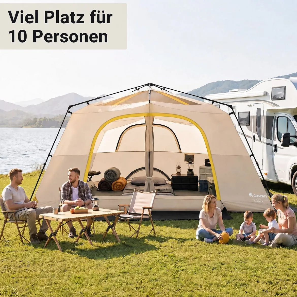 Campingzelt für 10 Personen Familienzelt mit Belüftung Regenschutz & Tragetasche 399 x 267 x 201 cm Khaki
