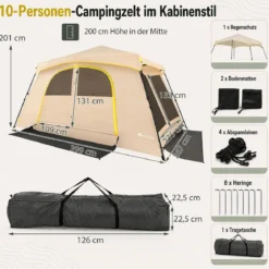 Campingzelt für 10 Personen Familienzelt mit Belüftung Regenschutz & Tragetasche 399 x 267 x 201 cm Khaki
