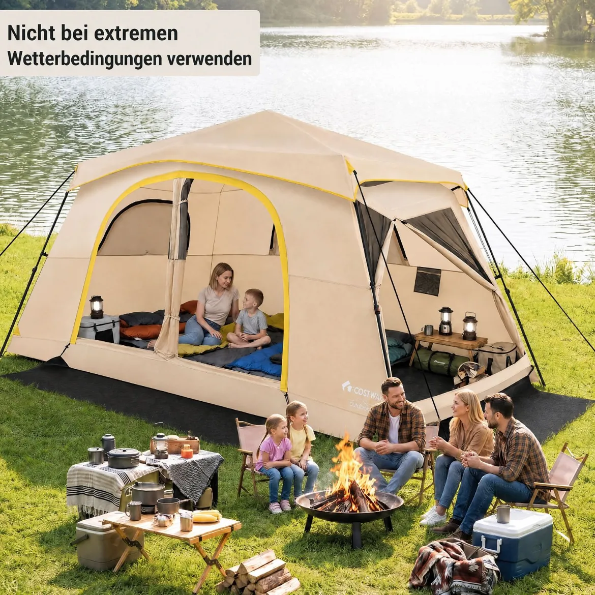 Campingzelt für 10 Personen Familienzelt mit Belüftung Regenschutz & Tragetasche 399 x 267 x 201 cm Khaki