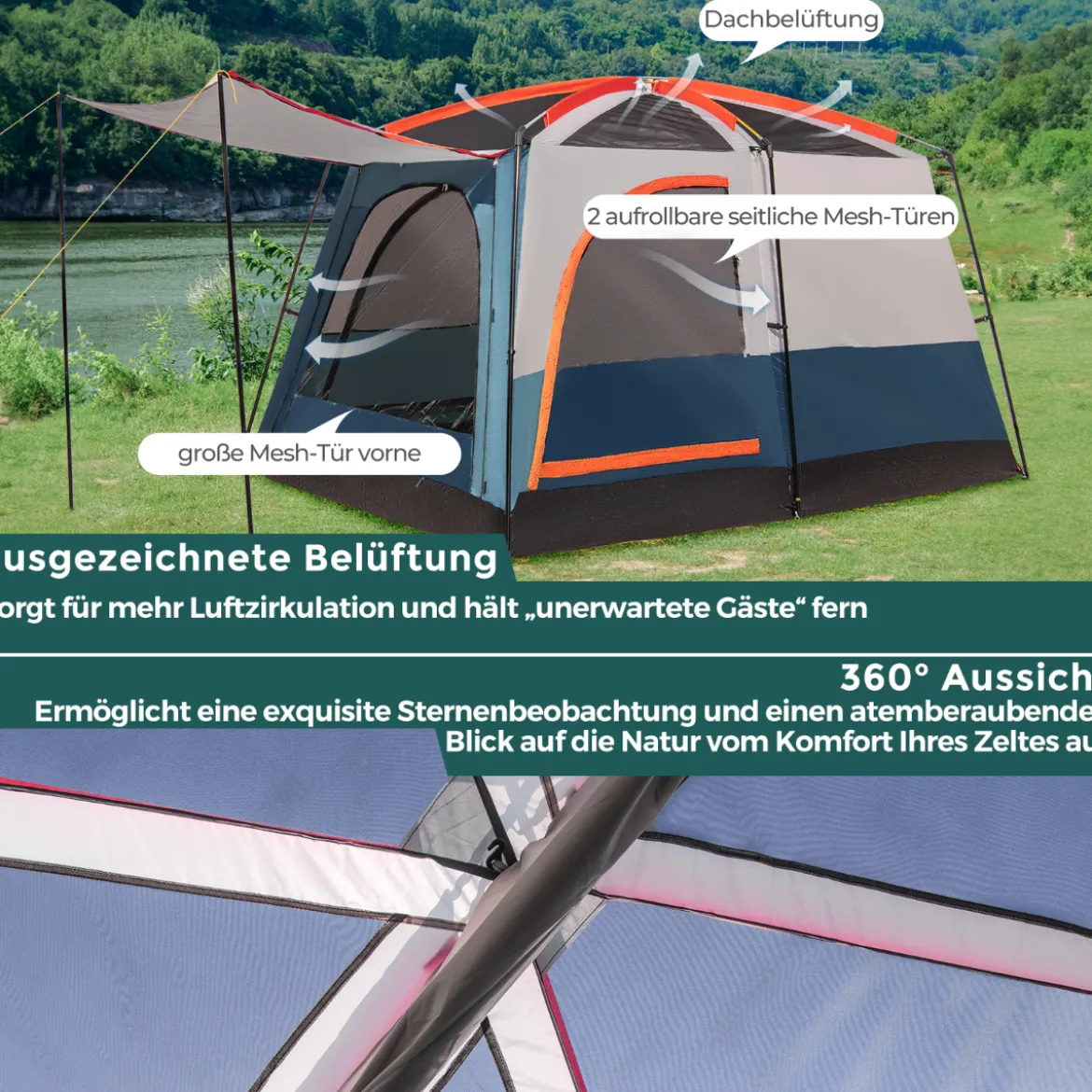 Campingzelt für 6 Personen mit 2-Raum-Trennwand & Regenschutz Blau