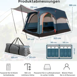 Campingzelt für 6 Personen mit 2-Raum-Trennwand & Regenschutz Blau