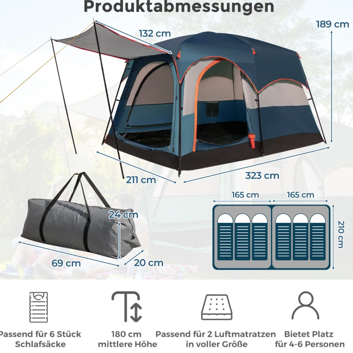 Campingzelt für 6 Personen mit 2-Raum-Trennwand & Regenschutz Blau