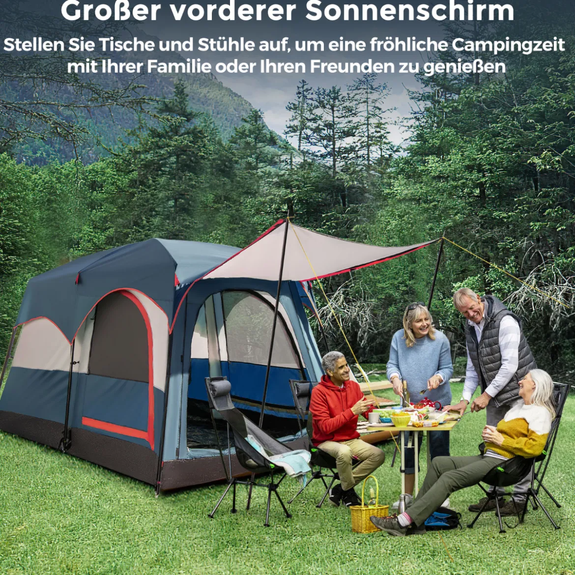 Campingzelt für 6 Personen mit 2-Raum-Trennwand & Regenschutz Blau