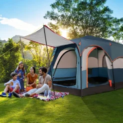 Campingzelt für 6 Personen mit 2-Raum-Trennwand & Regenschutz Blau
