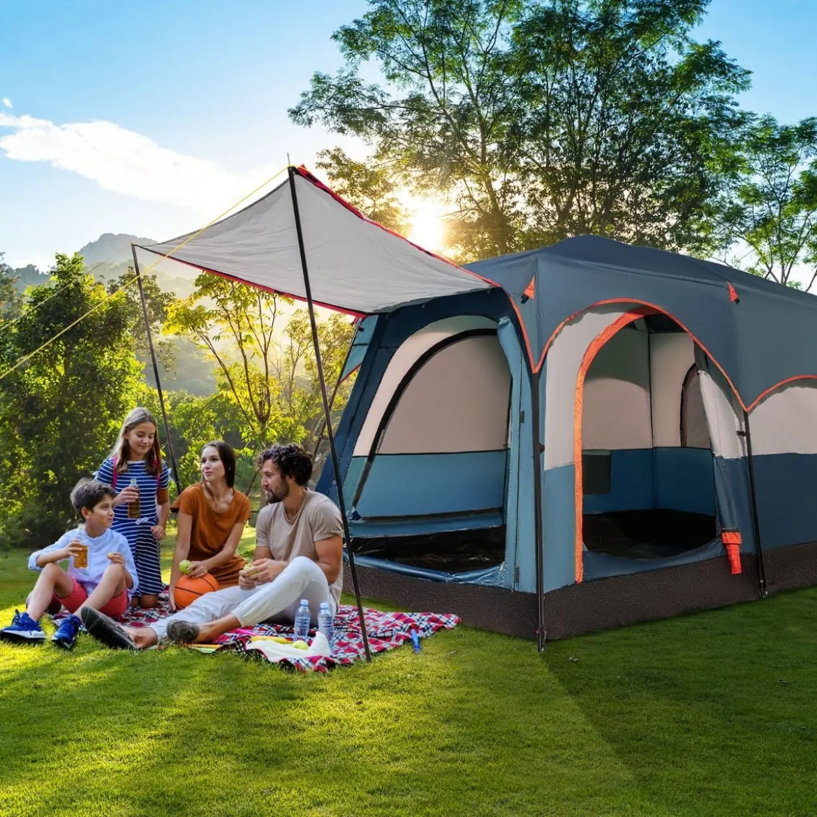 Campingzelt für 6 Personen mit 2-Raum-Trennwand & Regenschutz Blau