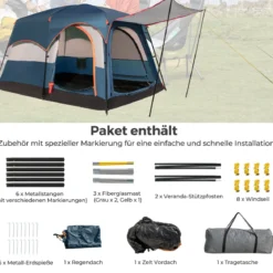 Campingzelt für 6 Personen mit 2-Raum-Trennwand & Regenschutz Blau