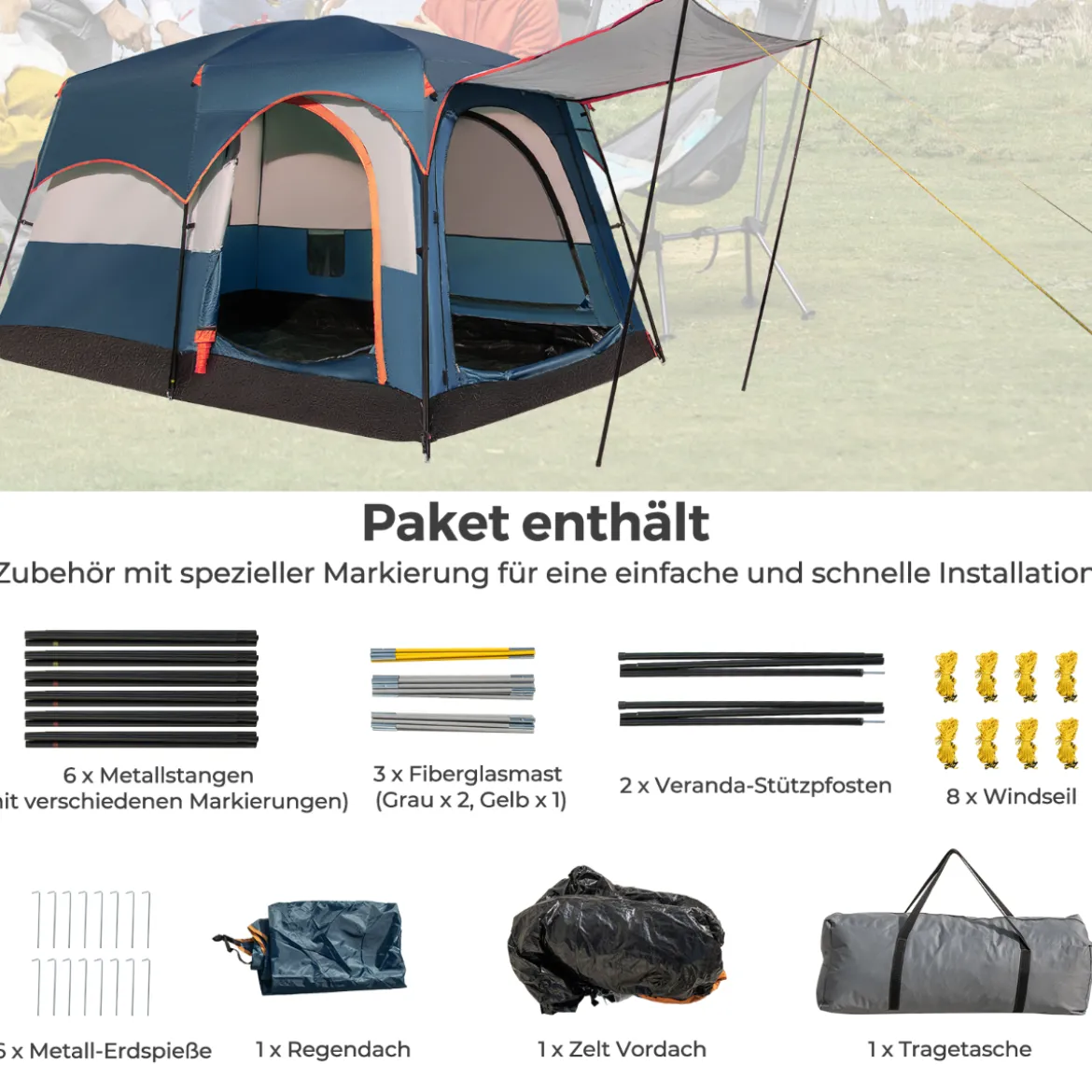 Campingzelt für 6 Personen mit 2-Raum-Trennwand & Regenschutz Blau